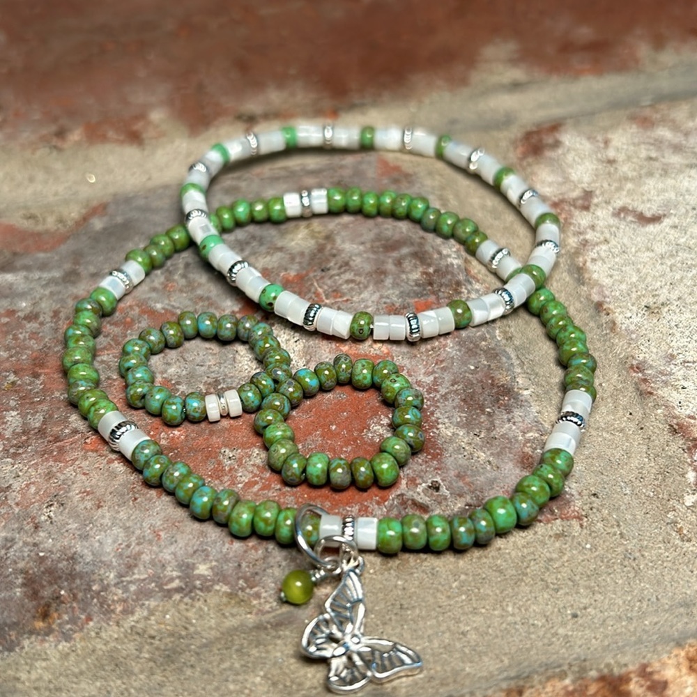 African Turquoise Seed Bead Anklet & Mother of Pearl Bracelet with Two Rings